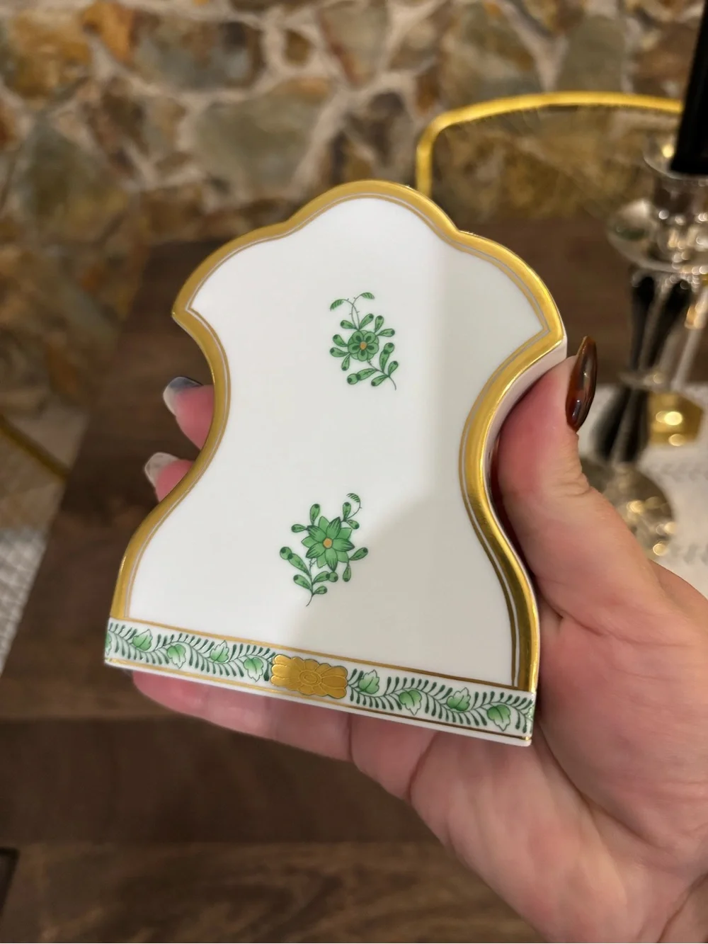 White and Gold Porcelain Mantel Clock with Green Floral Motif